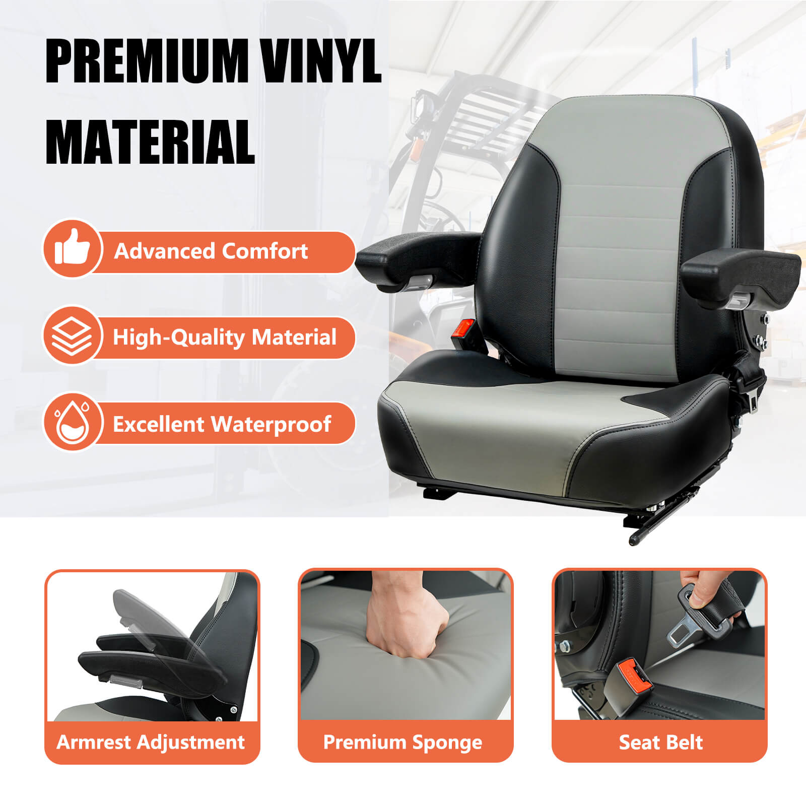 Universal Tractor Seat, Forklift Seat with Retractable Seatbelt and Adjustable Backrest Armrests for ZTR Mower Excavator Skid Loader Backhoe Dozer Telehandler