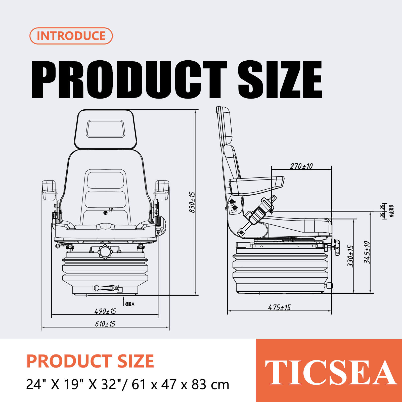 Universal Suspension Forklift Seat with Adjustable Angle Back, Safety Belt,for Forklift Tractor,Excavator Skid Loader Backhoe Dozer Telehandler