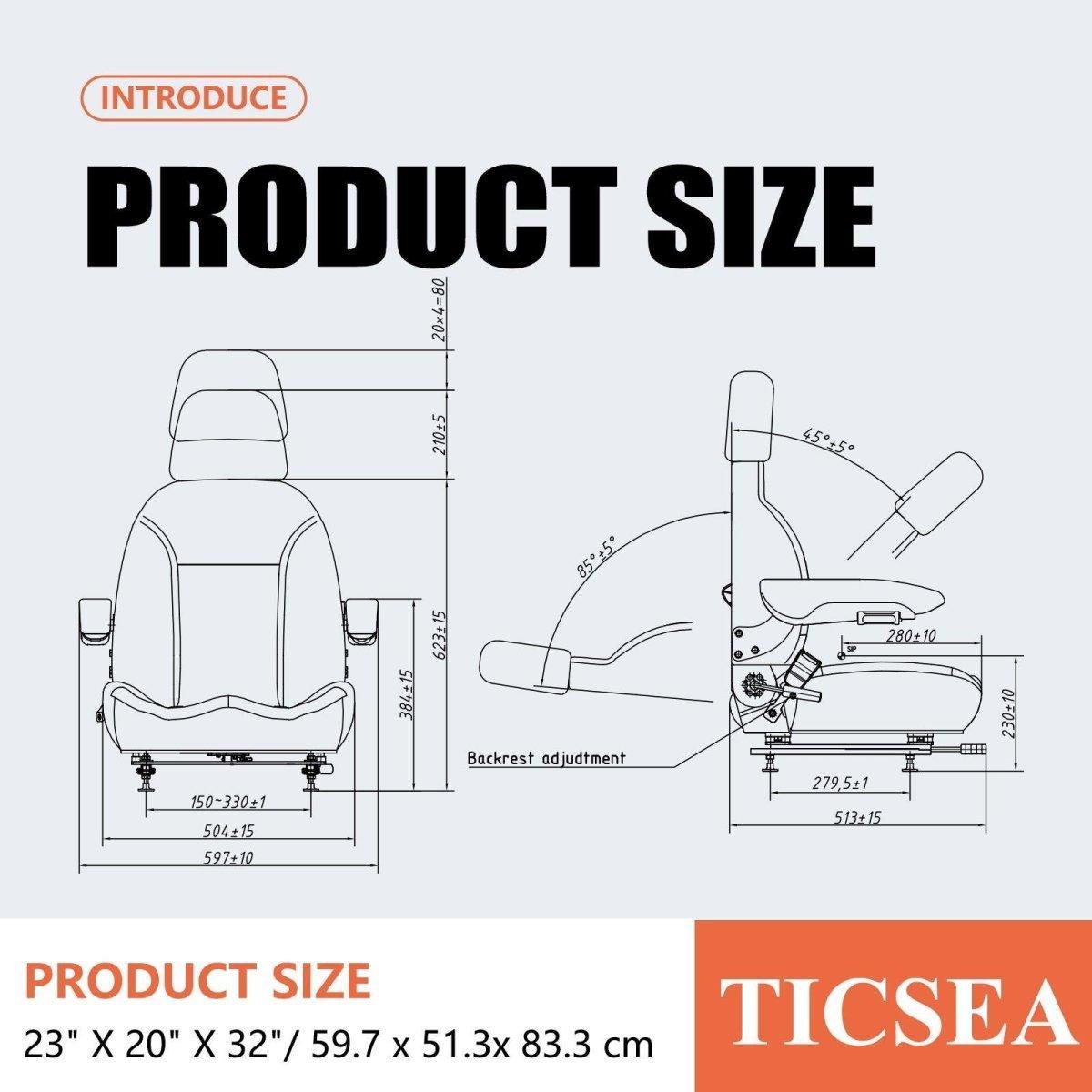 Universal Forklift Seat, Tractor Seat with Seatbelt and Adjustable Backrest Headrest Armrests for Excavator Harvester Loader Backhoe Dozer Telehandler - TICSEA Inc