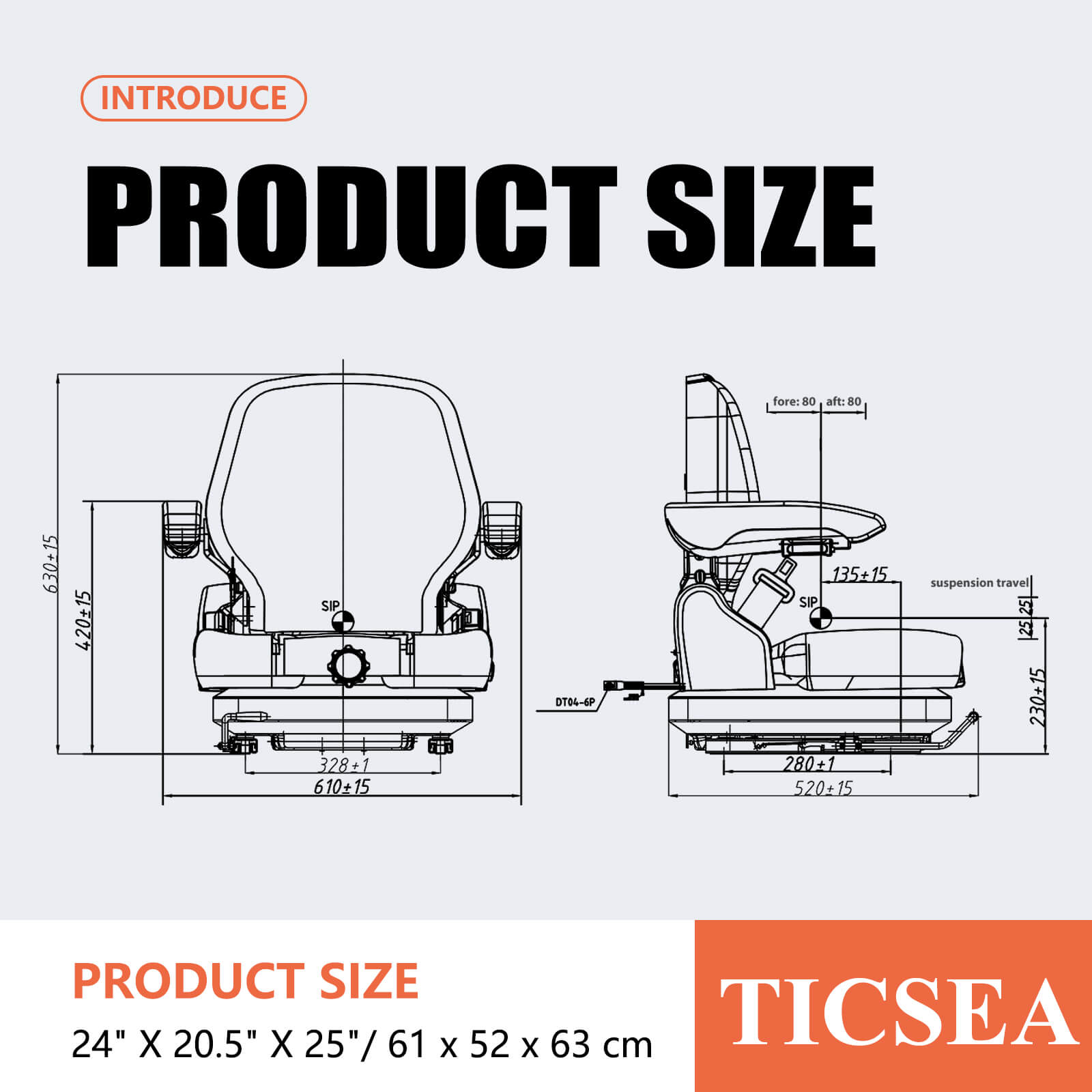 Highback Low Suspension Tractor Seat, Adjustable Backrest, Headrest, and Armrest Forklift Seat, Heavy Duty for Excavator Harvester Mower