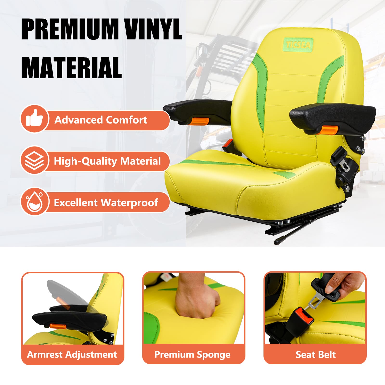 Universal Tractor Seat, Zero Turn Mower Seat with Adjustable Safety Belt Armrest Backrest Micro Switch for John Deere ZTR Forklift Skid Steer Loader Telehandler Dozer Excavator