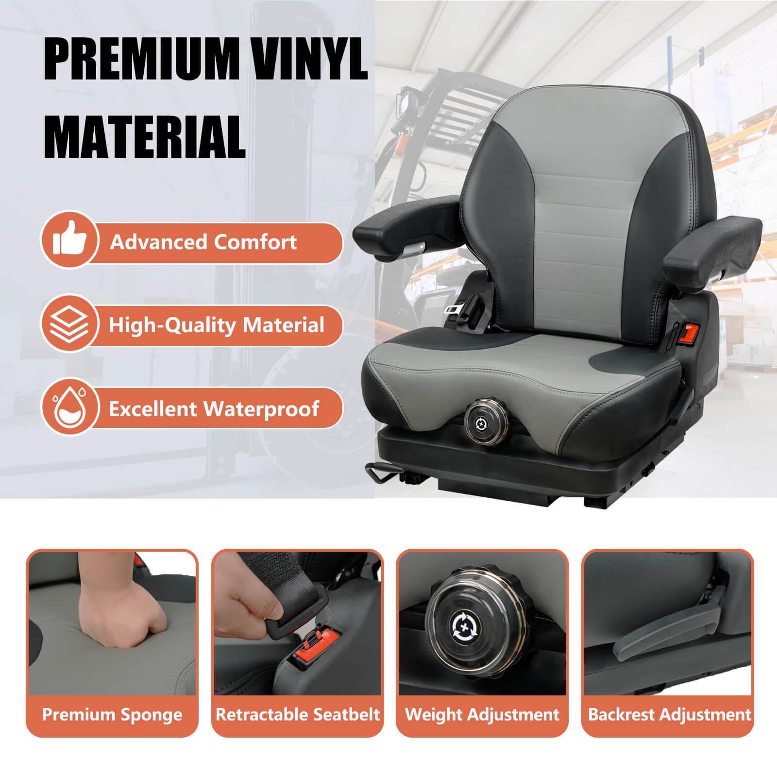 Tractor Suspension Seat, Highback Low Suspension Mower Seat, Adjustable Backrest Armrest, and Weight Adjustment Heavy Duty Seat for Toro Forklift Mower Excavator Harvester