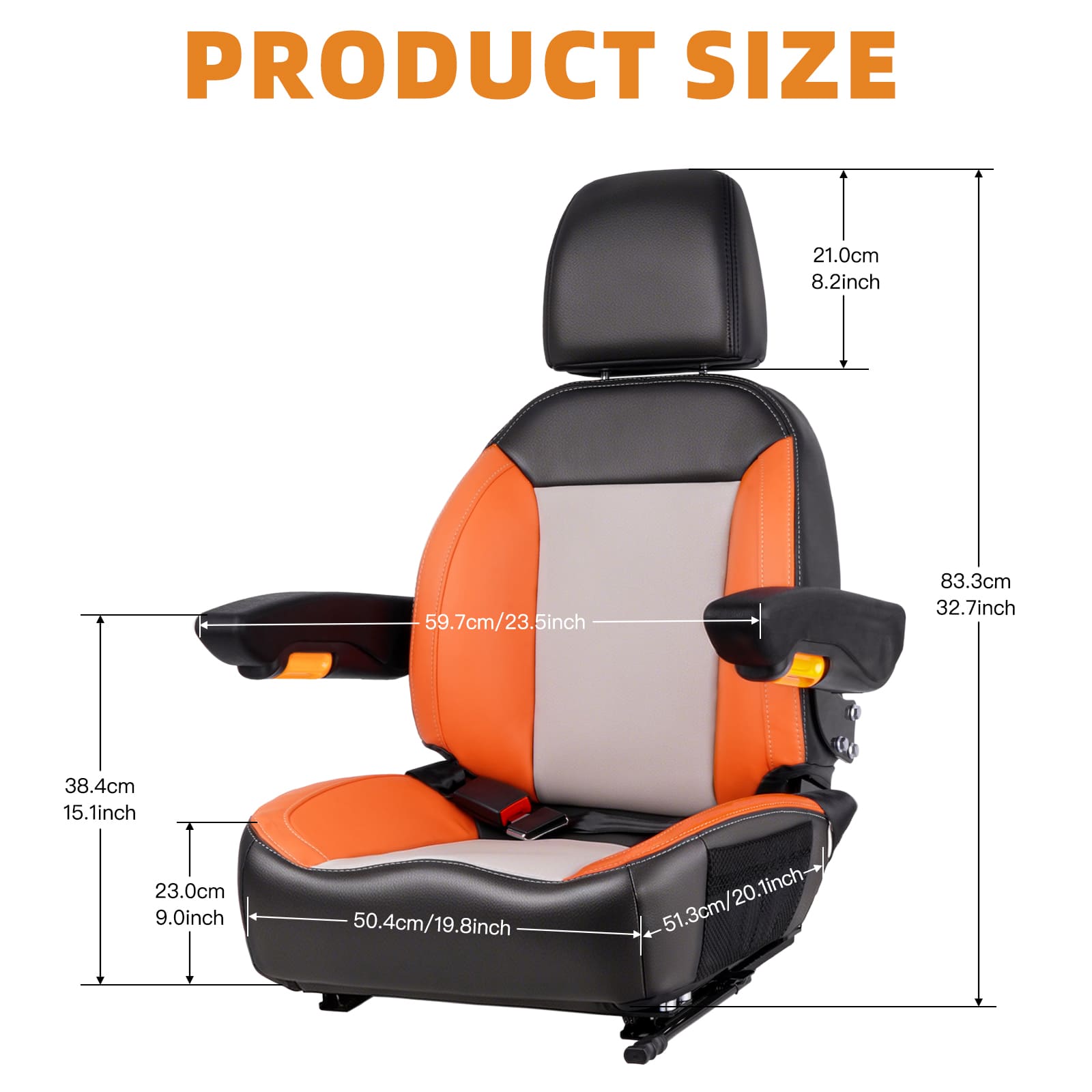 Universal Orange Ergonomic Tractor Seat with Adjustable Backrest, Armrests & Safety Belt And Micro Switch– Replacement for Zero Turn Mowers, Forklifts, Skid Steers, Loader Telehandler Dozer Excavator