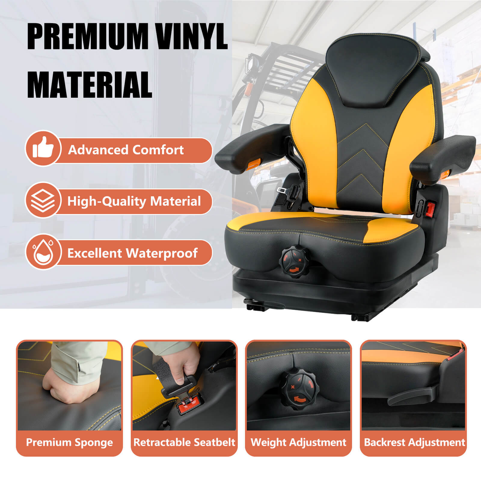 Tractor Suspension Seat, Mower Seat, Adjustable Backrest and Armrests Heavy Duty Seat for Toro Forklift Mower Excavator Harvester