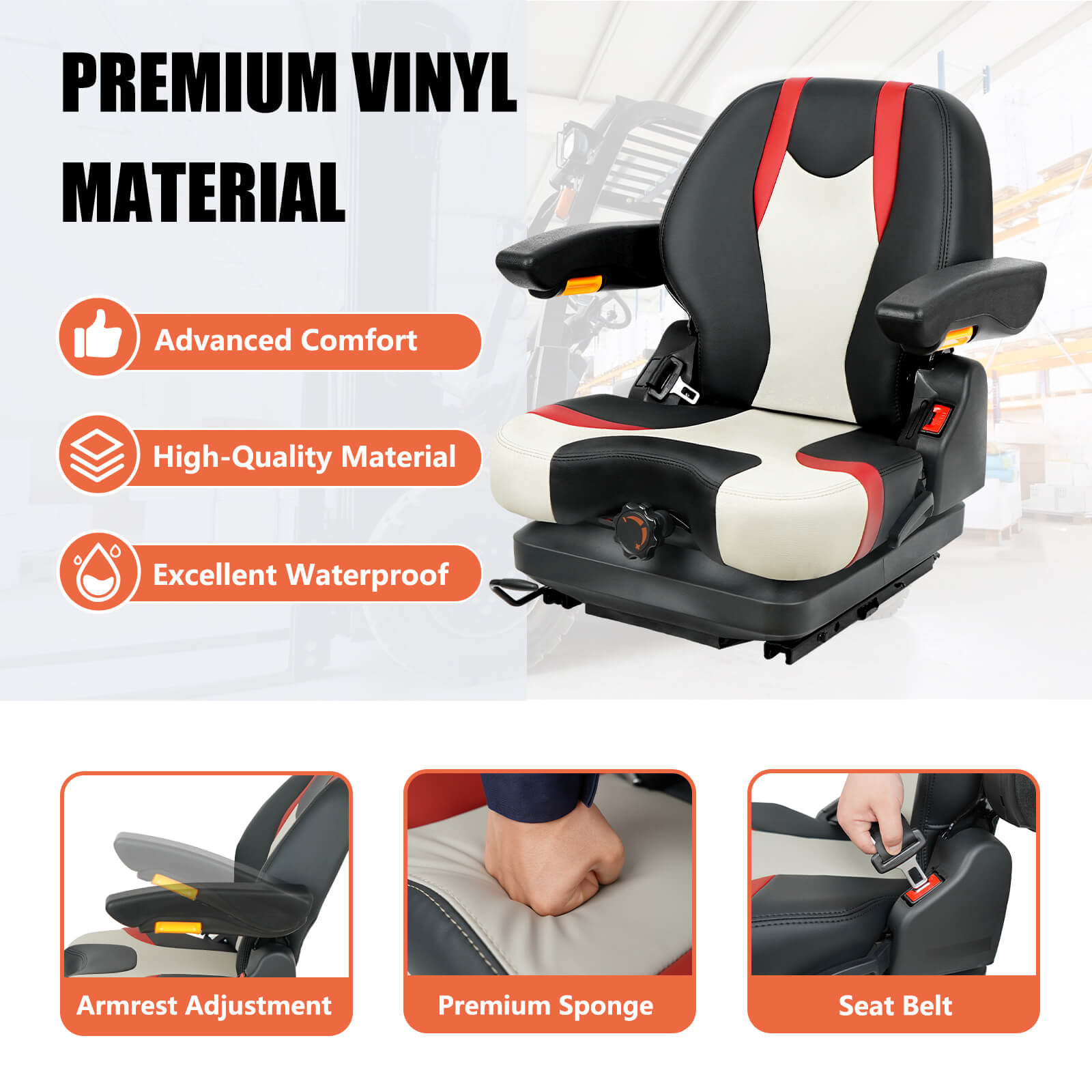 Highback Low Suspension Tractor Seat, Adjustable Backrest, Headrest, and Armrest Forklift Seat, Heavy Duty for Excavator Harvester Mower