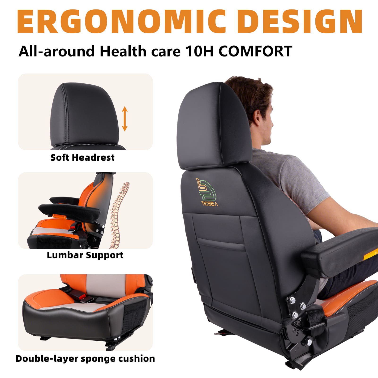 Universal Orange Ergonomic Tractor Seat with Adjustable Backrest, Armrests & Safety Belt And Micro Switch– Replacement for Zero Turn Mowers, Forklifts, Skid Steers, Loader Telehandler Dozer Excavator