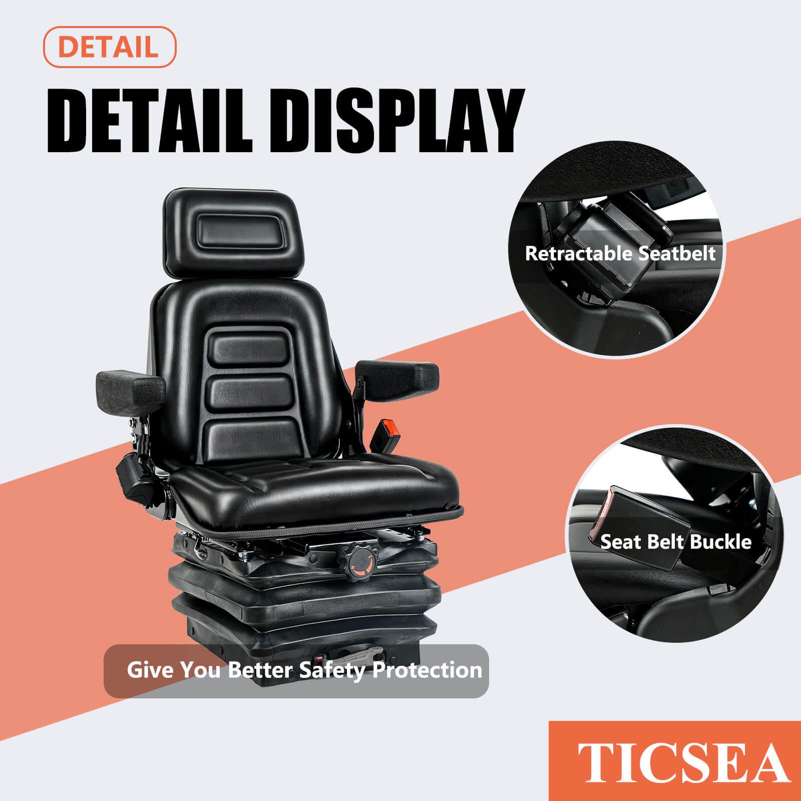 Universal Suspension Forklift Seat with Adjustable Angle Back, Safety Belt,for Forklift Tractor,Excavator Skid Loader Backhoe Dozer Telehandler