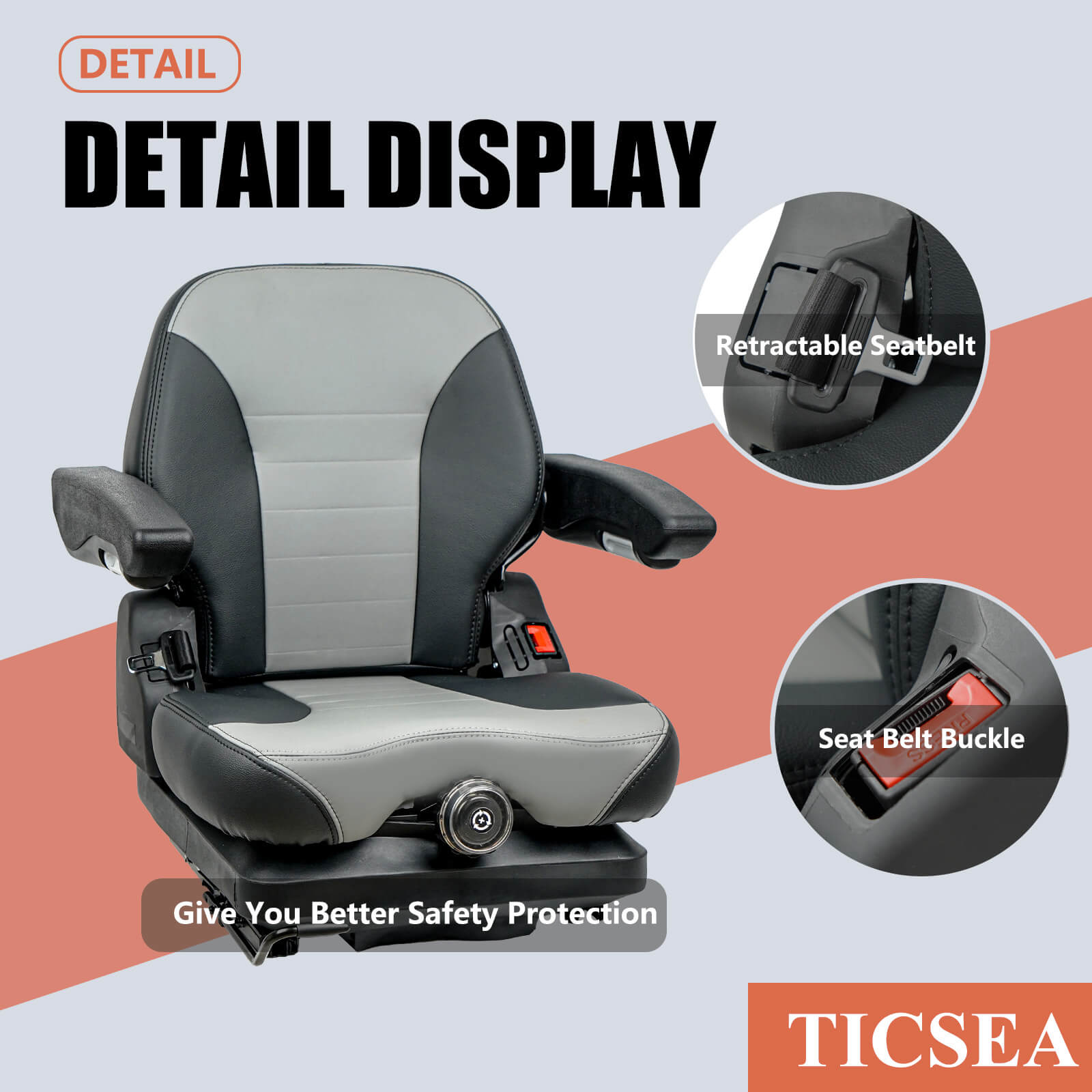 Tractor Suspension Seat, Highback Low Suspension Mower Seat, Adjustable Backrest Armrest, and Weight Adjustment Heavy Duty Seat for Toro Forklift Mower Excavator Harvester