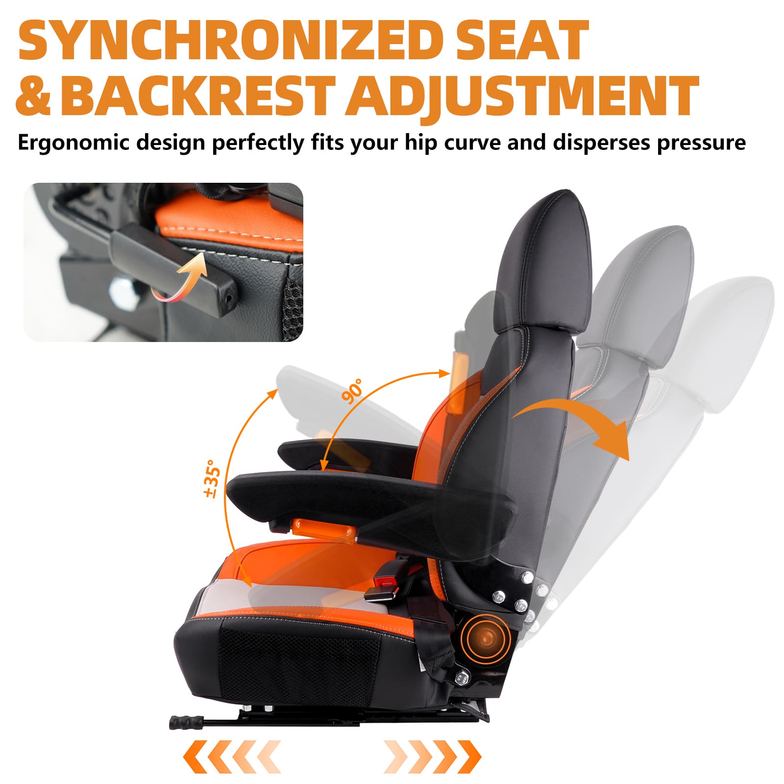 Universal Orange Ergonomic Tractor Seat with Adjustable Backrest, Armrests & Safety Belt And Micro Switch– Replacement for Zero Turn Mowers, Forklifts, Skid Steers, Loader Telehandler Dozer Excavator