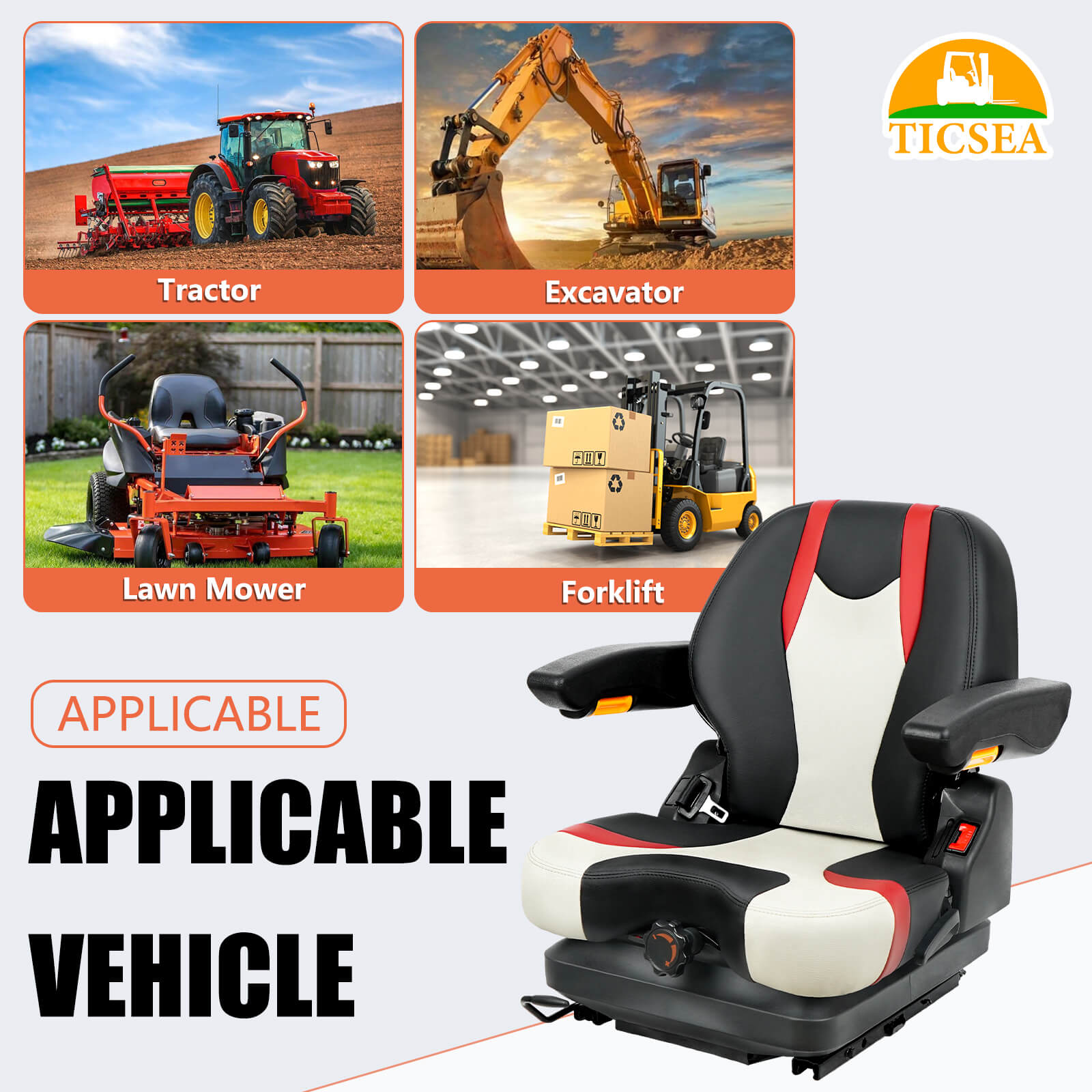 Highback Low Suspension Tractor Seat, Adjustable Backrest, Headrest, and Armrest Forklift Seat, Heavy Duty for Excavator Harvester Mower