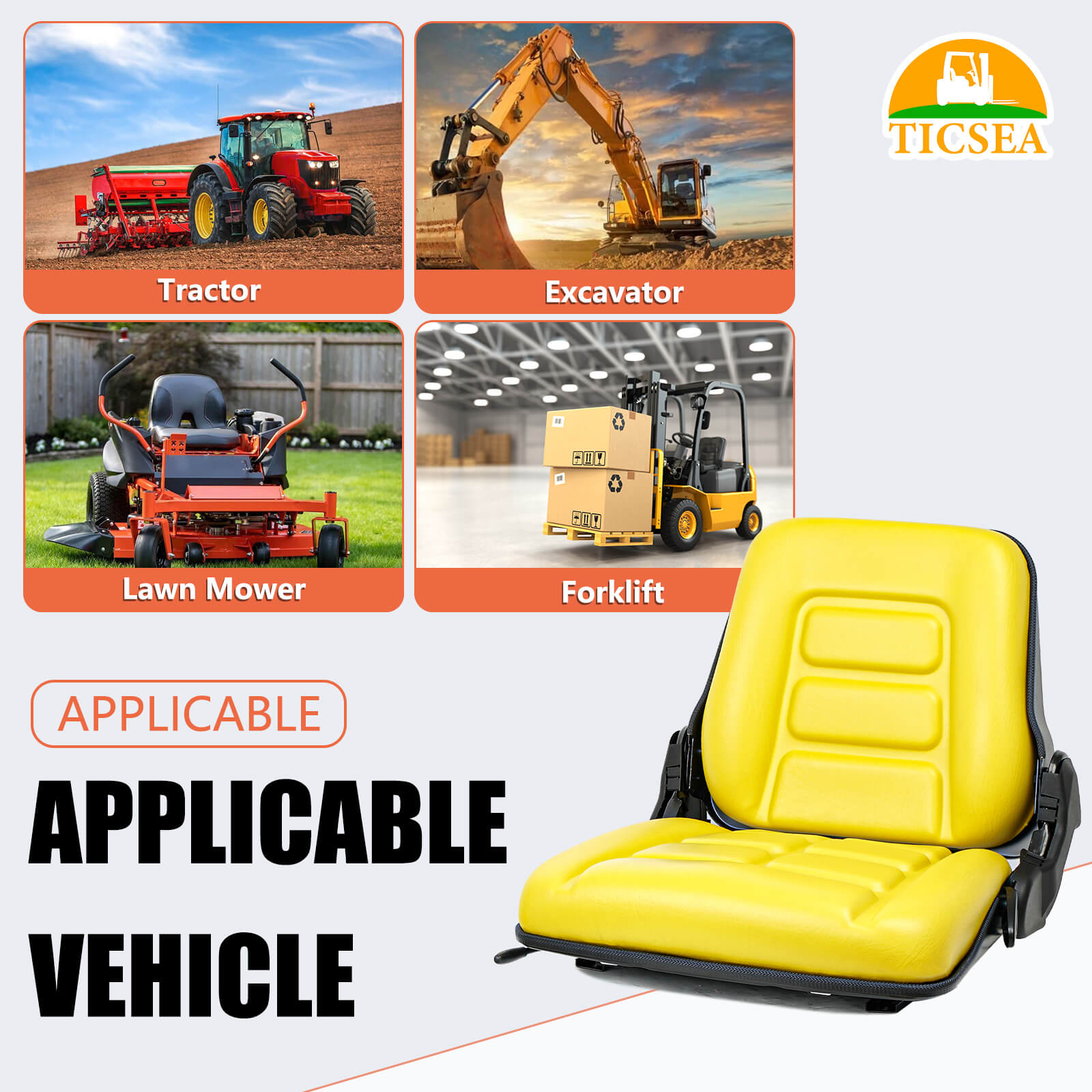 Universal Tractor Seat, Mower Seat with Adjustable Angle Back,Built-In Operator Presence Switch and Slide Yellow