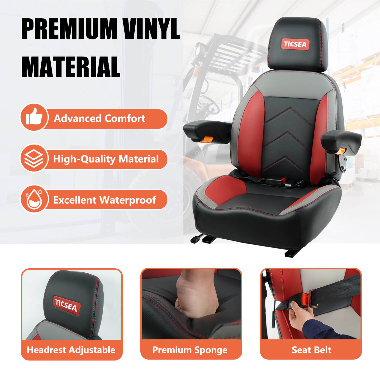 Universal Forklift Seat, Tractor Seat with Retractable Seatbelt and Headrest Armrests for Mower ZTR