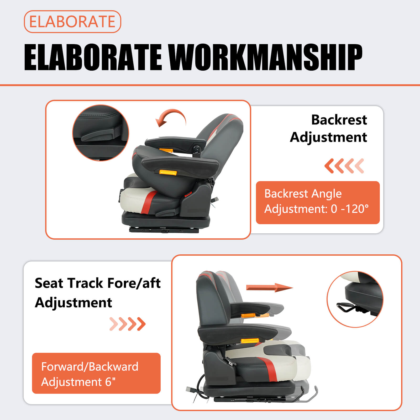 Highback Low Suspension Tractor Seat, Adjustable Backrest, Headrest, and Armrest Forklift Seat, Heavy Duty for Excavator Harvester Mower