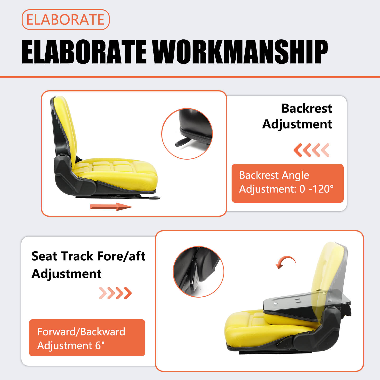 Universal Tractor Seat, Mower Seat with Adjustable Angle Back,Built-In Operator Presence Switch and Slide Yellow
