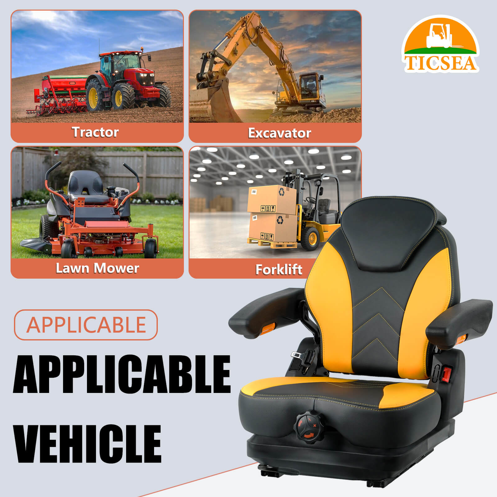 Tractor Suspension Seat, Mower Seat, Adjustable Backrest and Armrests Heavy Duty Seat for Toro Forklift Mower Excavator Harvester