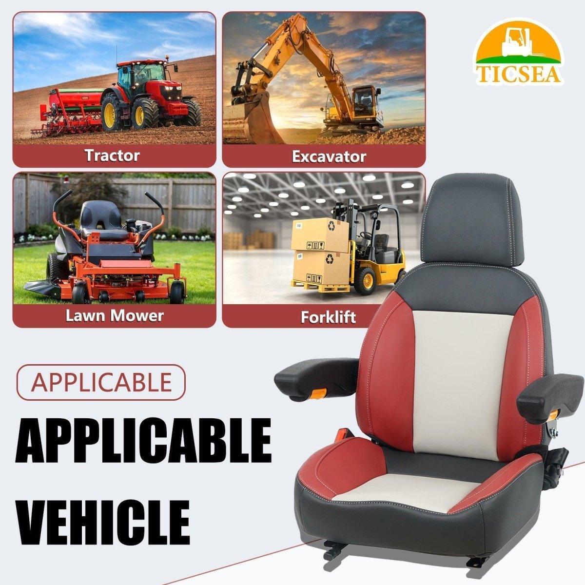 Universal Forklift Seat, Tractor Seat with Retractable Seatbelt and Adjustable Backrest Headrest Armrests for Excavator Harvester Loader Backhoe Dozer - TICSEA Inc