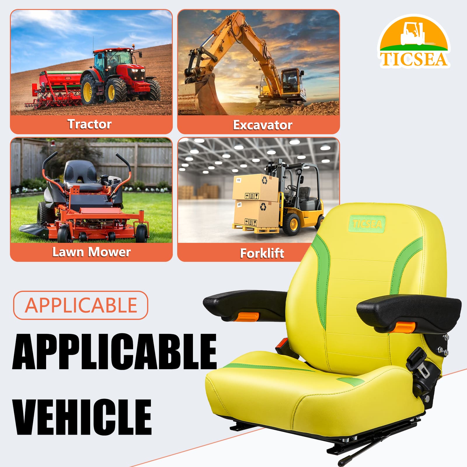 Universal Tractor Seat, Zero Turn Mower Seat with Adjustable Safety Belt Armrest Backrest Micro Switch for John Deere ZTR Forklift Skid Steer Loader Telehandler Dozer Excavator