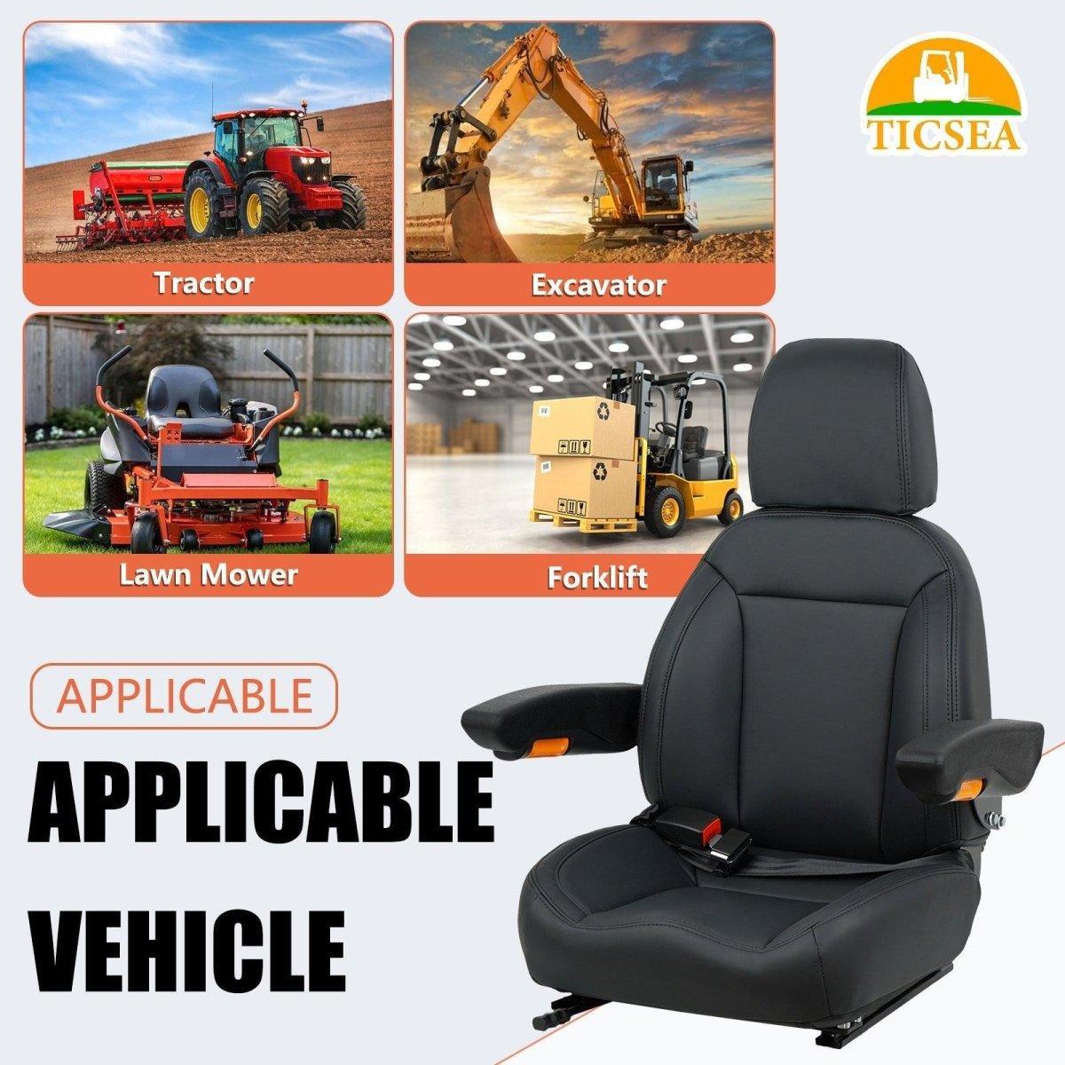 Universal Forklift Seat, Tractor Seat with Seatbelt and Adjustable Backrest Headrest Armrests for Excavator Harvester Loader Backhoe Dozer Telehandler - TICSEA Inc