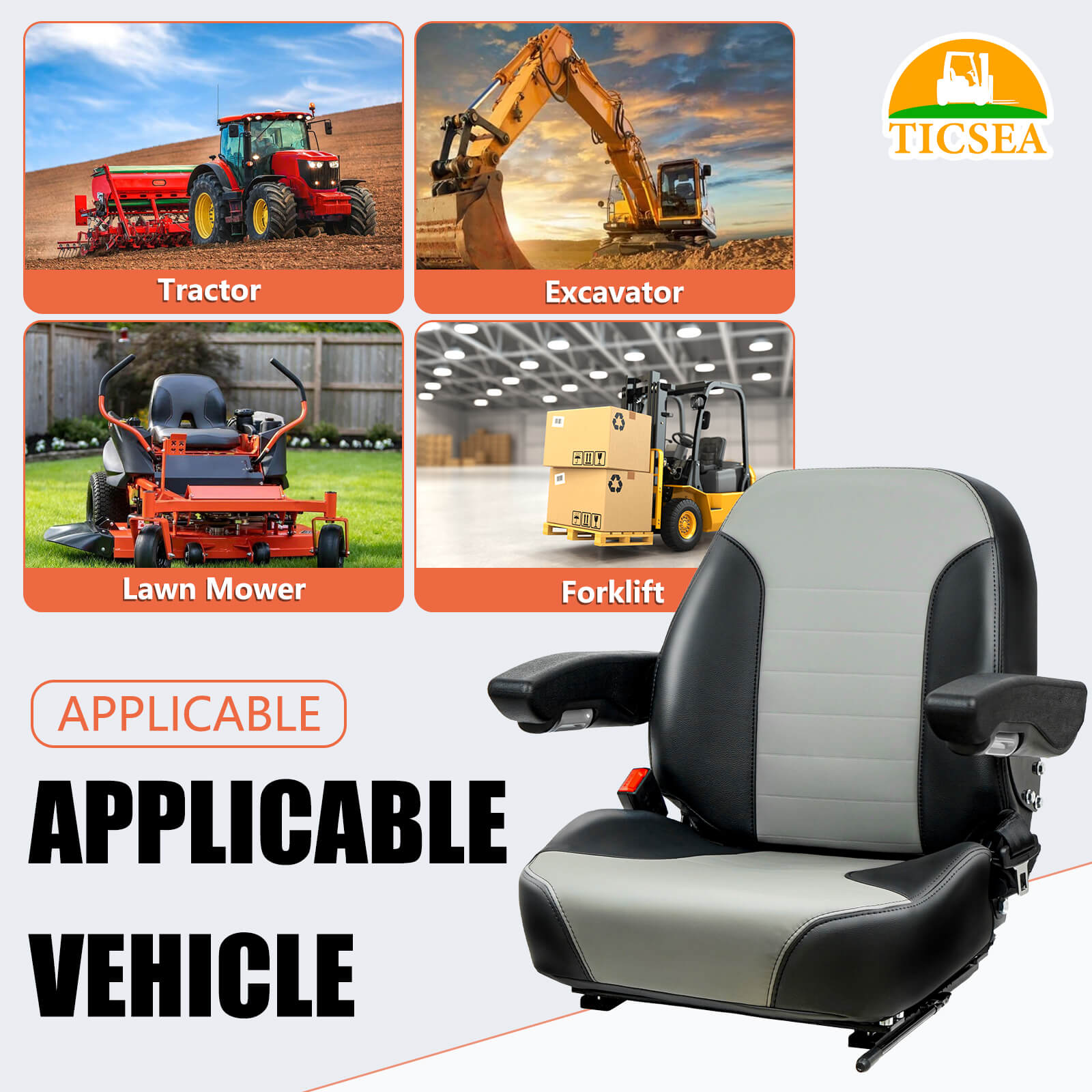 Universal Tractor Seat, Forklift Seat with Retractable Seatbelt and Adjustable Backrest Armrests for ZTR Mower Excavator Skid Loader Backhoe Dozer Telehandler