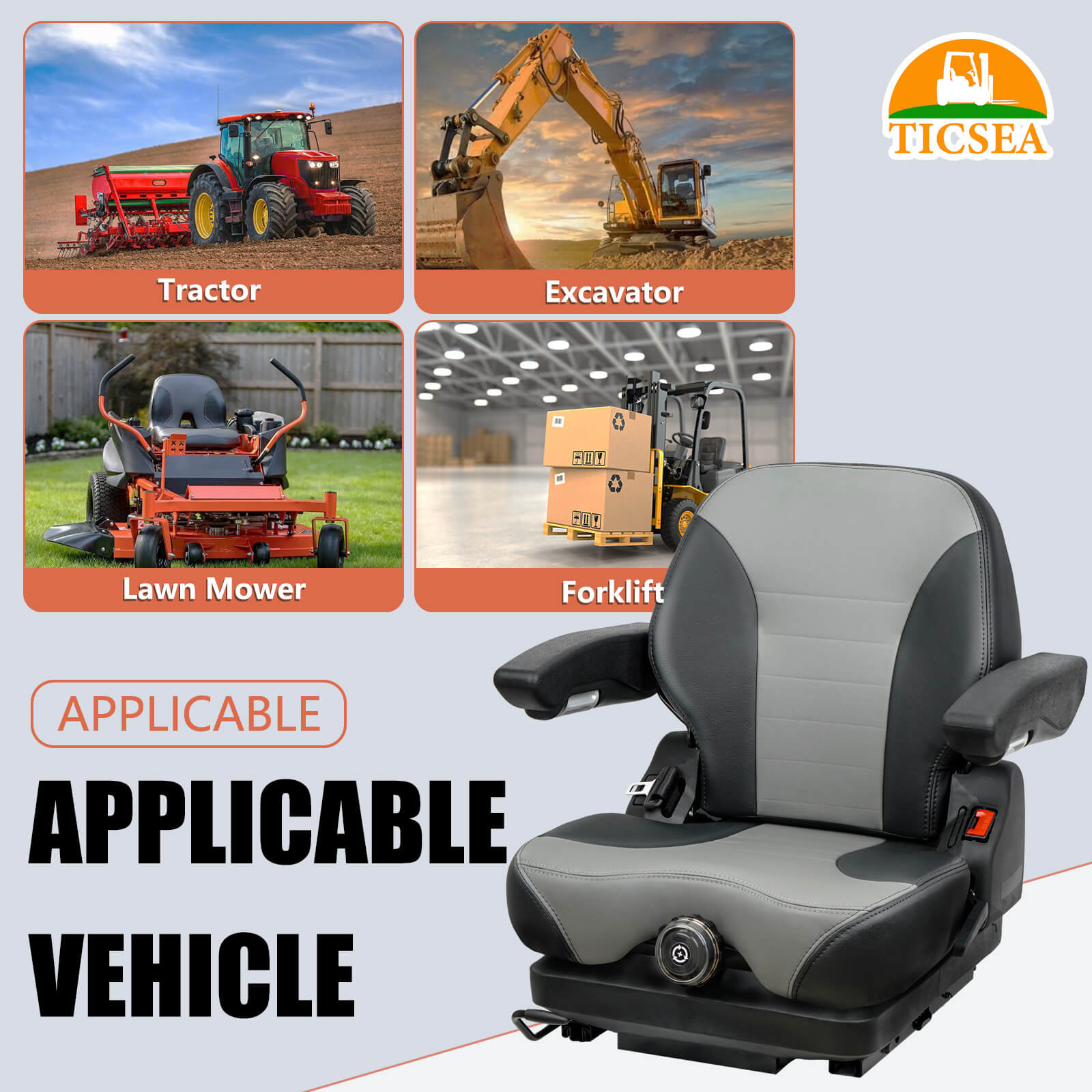 Tractor Suspension Seat, Highback Low Suspension Mower Seat, Adjustable Backrest Armrest, and Weight Adjustment Heavy Duty Seat for Toro Forklift Mower Excavator Harvester