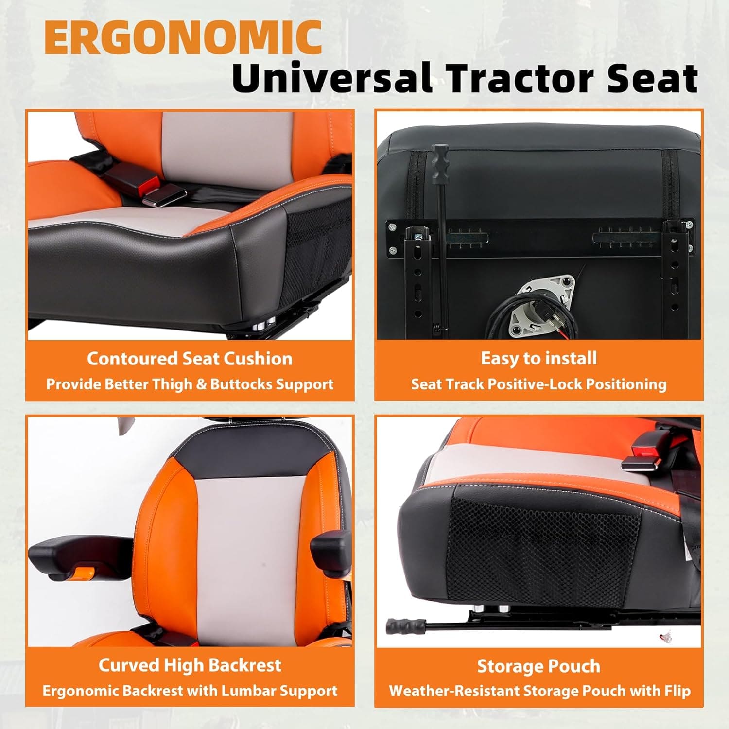 Universal Orange Ergonomic Tractor Seat with Adjustable Backrest, Armrests & Safety Belt And Micro Switch– Replacement for Zero Turn Mowers, Forklifts, Skid Steers, Loader Telehandler Dozer Excavator