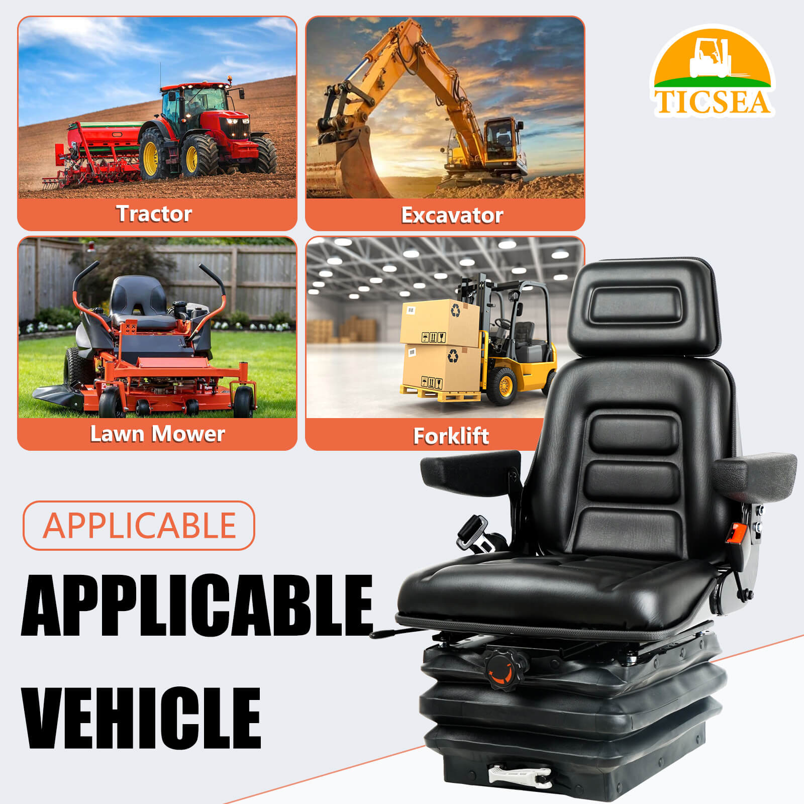 Universal Suspension Forklift Seat with Adjustable Angle Back, Safety Belt,for Forklift Tractor,Excavator Skid Loader Backhoe Dozer Telehandler