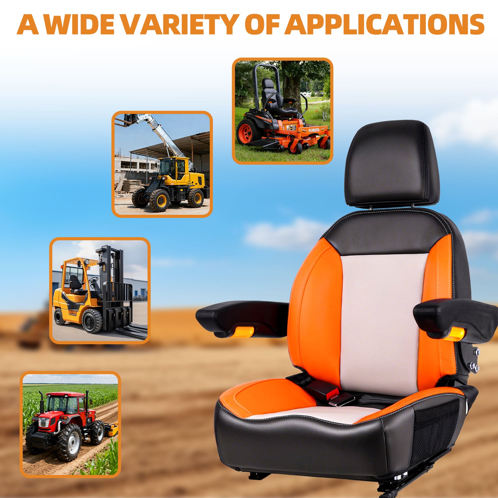 Universal Orange Ergonomic Tractor Seat with Adjustable Backrest, Armrests & Safety Belt And Micro Switch– Replacement for Zero Turn Mowers, Forklifts, Skid Steers, Loader Telehandler Dozer Excavator