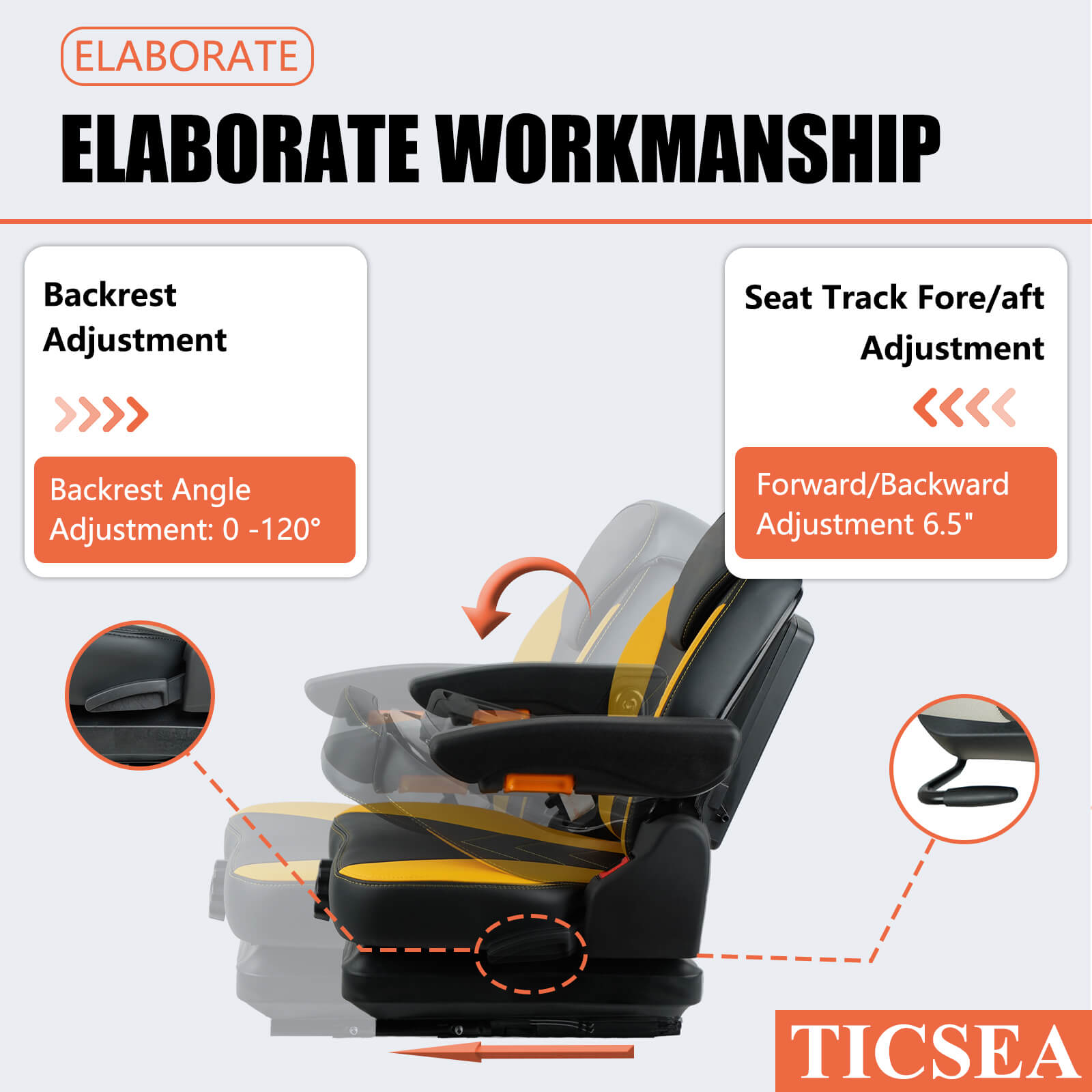 Tractor Suspension Seat, Mower Seat, Adjustable Backrest and Armrests Heavy Duty Seat for Toro Forklift Mower Excavator Harvester