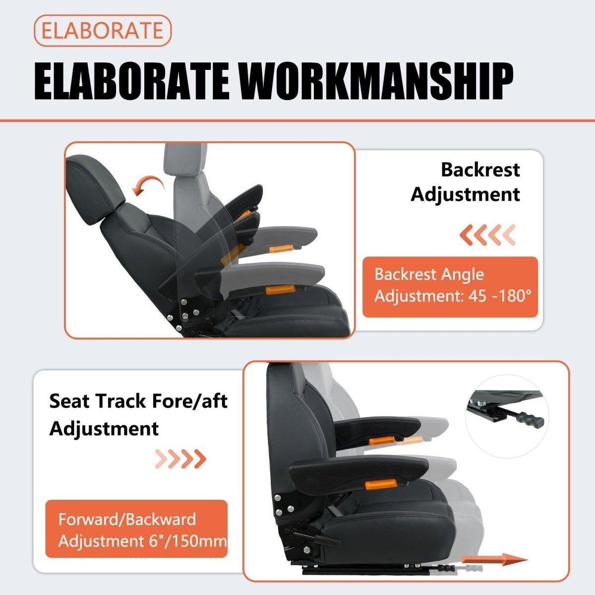 Universal Forklift Seat, Tractor Seat with Seatbelt and Adjustable Backrest Headrest Armrests for Excavator Harvester Loader Backhoe Dozer Telehandler - TICSEA Inc